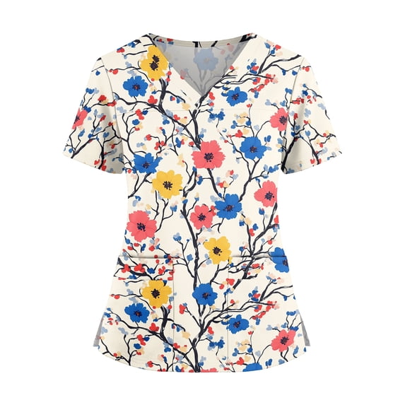 KDDYLITQ Scrubs for Women V Neck Short Sleeve Floral Print Scrub Tops Stretchy Nursing Uniforms Holiday Shirts with 2 Pockets White XL