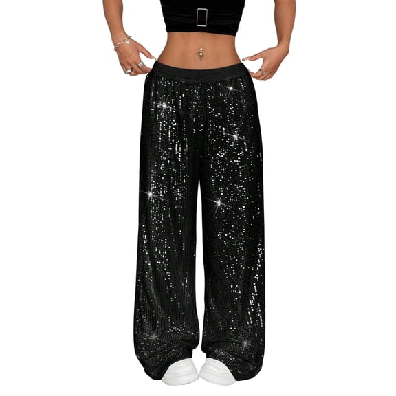 KDDYLITQ Sequin Trousers for Women Shiny Elastic Waistband Pants Wide Leg Plus Size Joggers Party Dressy Sweatpants with Pocket Black S