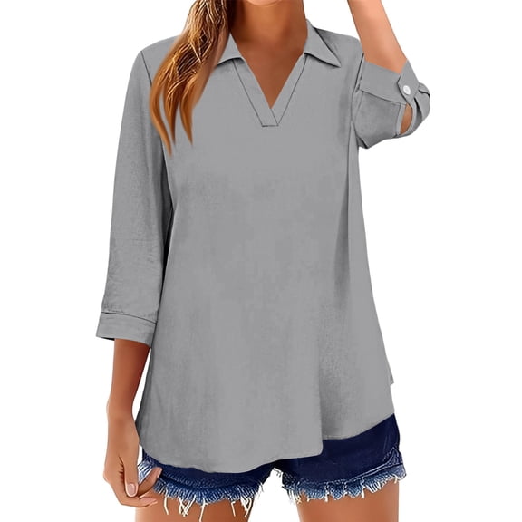 KDDYLITQ Shirts for Women 3/4 Sleeve Length V Neck Solid Color Tops Cotton Linen Basic Business Blouse Dressy Summer Polo Shirts Gray S