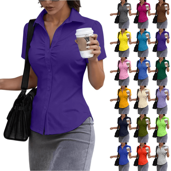 KDDYLITQ Shirts for Women Button Down Short Sleeve Pleated Office Tops Business Work Wear Dressy Collared Slim Fit Blouses Purple M