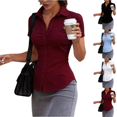 thumbnail image 1 of KDDYLITQ Shirts for Women Button Down Short Sleeve Pleated Office Tops Business Work Wear Dressy Collared Slim Fit Blouses Wine L, 1 of 4