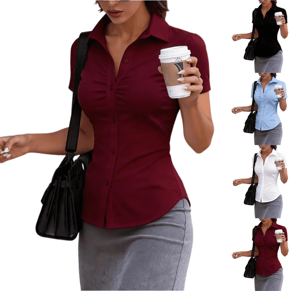 KDDYLITQ Shirts for Women Button Down Short Sleeve Pleated Office Tops Business Work Wear Dressy Collared Slim Fit Blouses Wine L