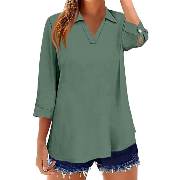 KDDYLITQ Shirts for Women Collared Basic 3/4 Sleeve Length Tops Cotton Linen Lapel Collar Dressy Polo Shirts Business Loose Blouse Green M