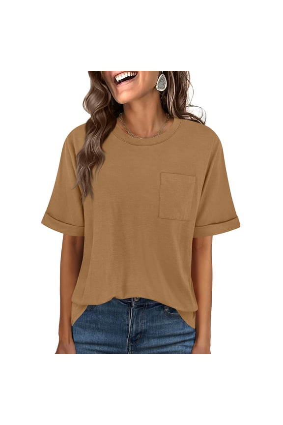 Shirts for Women Short Sleeve Casual Crew Neck Blouse with Pocket Summer Basic Solid Color Pullover Loose Tops Camel L