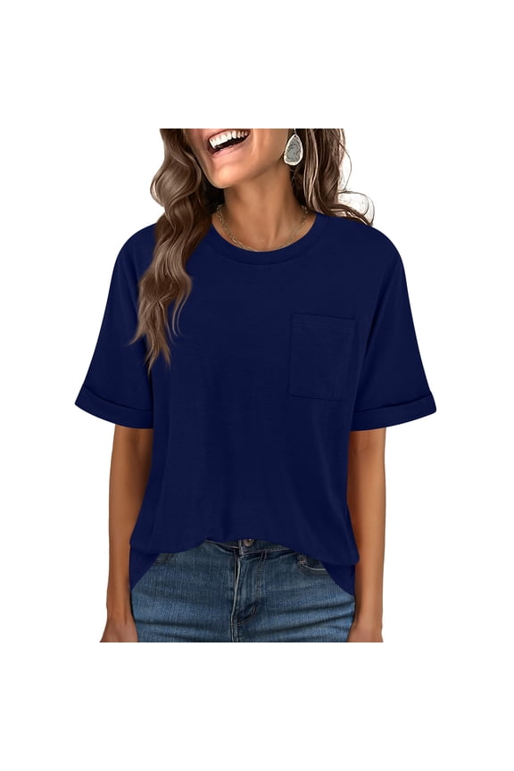 Shirts for Women Short Sleeve Casual Crew Neck Blouse with Pocket Summer Basic Solid Color Pullover Loose Tops Navy S