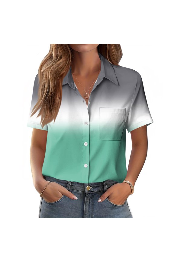 Shirts for Women Short Sleeve Stain Fashion Clothes Button Down Gradient Work Tshirts Spring Office Tops with Bust Pocket Green S