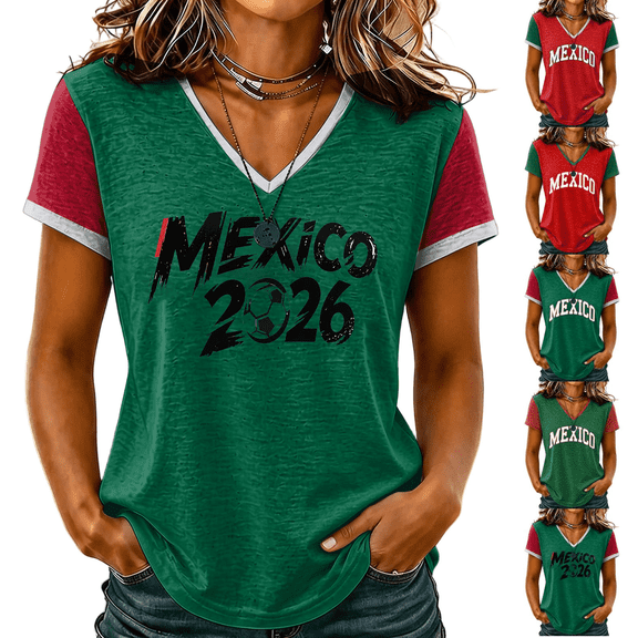 KDDYLITQ Soccer Cup 2026 Soccer Shirt for Women Mexico Jersey Jersey Y2k V Neck Short Sleeve Shirt Green 2XL