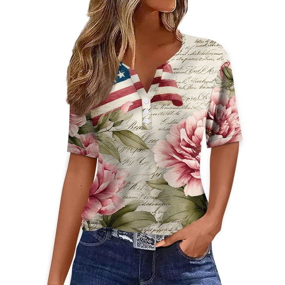 KDDYLITQ States 250th Anniversary Shirt Womens 250th Anniversary Printed Short Sleeve Red White Blue Tees Flag Button V Neck Patriotic Clothes Summer Trendy T-Shirts White L