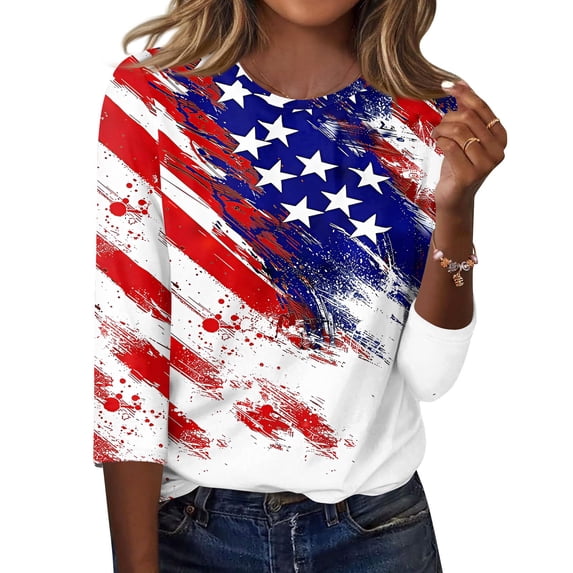 KDDYLITQ States 250th Anniversary Shirts Womens 250th Anniversary Printed 3/4 Sleeve Clothes Usa Flag Crew Neck Summer Tees 4th July Fashion Blousees Blue L
