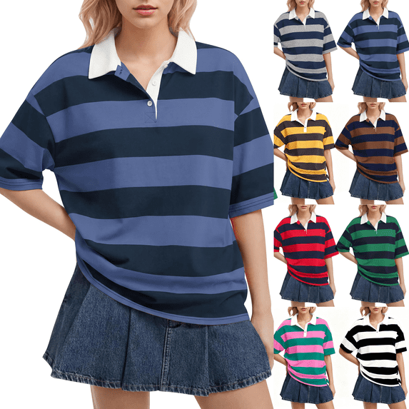 KDDYLITQ Striped Shirt Women Oversized V Neck Casual Polo Shirts Short Sleeve Rugby Collared Pullover Loose Fit Tops Blue 2XL