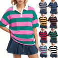 thumbnail image 1 of KDDYLITQ Striped Shirt Women Oversized V Neck Casual Polo Shirts Short Sleeve Rugby Collared Pullover Loose Fit Tops Purple S, 1 of 5