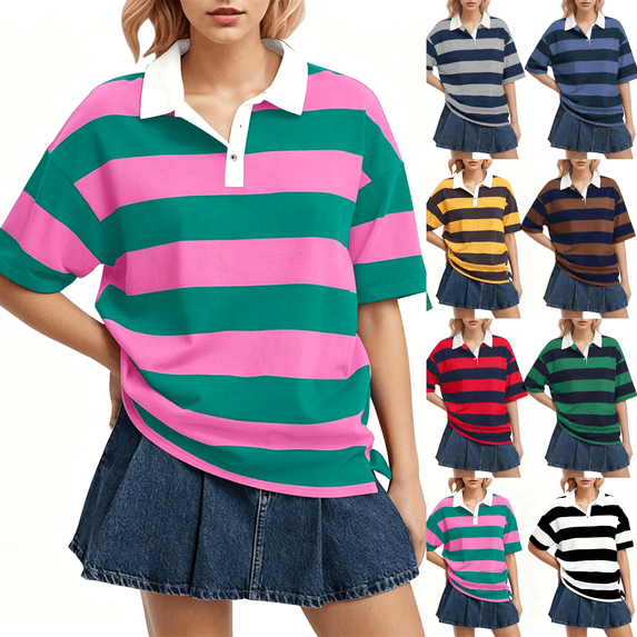 KDDYLITQ Striped Shirt Women Oversized V Neck Casual Polo Shirts Short Sleeve Rugby Collared Pullover Loose Fit Tops Purple S