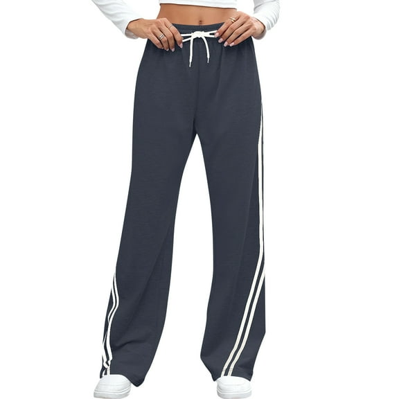 KDDYLITQ Sweatpants Women Oversized Straight Wide Leg Track Pants Barrel Elastic High Waist Joggers Stripes Plus Size Sweat Trousers Baggy Workout Pants with Pockets Navy L