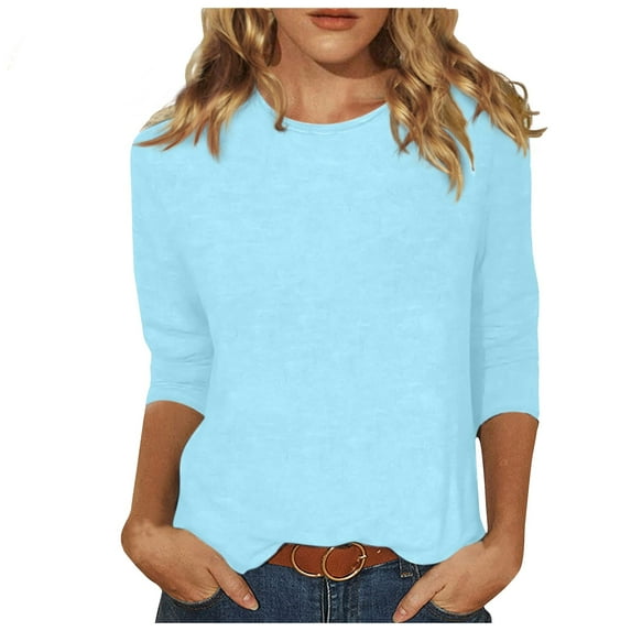 KDDYLITQ Tee Sirts for Women 3/4 Length Sleeve Going Out Tops for Women, Crew Neck Blouses for Women Ladies Dressy Blouses Comfort Colors Tshirt Women Sky Blue 5X