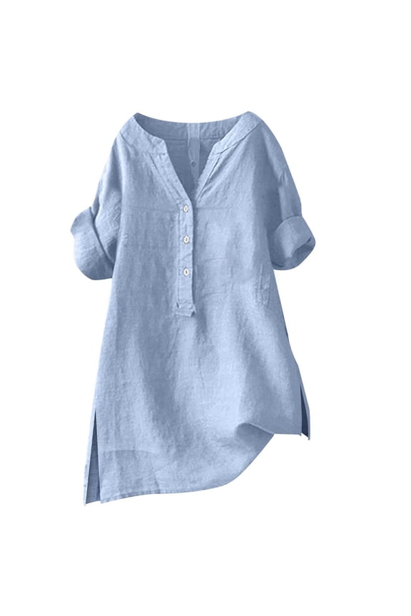 Top for Women V Neck Cotton Linen Tunic Button Half Placket Side Slits Lightweight T Shirts Dressy Casual Office Shirts Blue 2XL