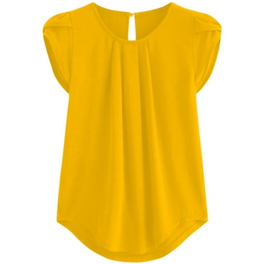 KDDYLITQ Tops for Women Casual Elegant Petal Sleeve Chiffon Short Sleeve Shirt Blouses for Women Keyhole Back Crew Neck T Shirts with Pockets Pleated Short Sleeve Tees Women Yellow XL