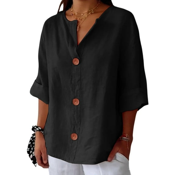 KDDYLITQ Tops for Women 3/4 Sleeve Linen Cotton Loose Fit Tunic Tops V Neck Button Down Spring Blouses Casual Trendy T-Shirt Black 5XL