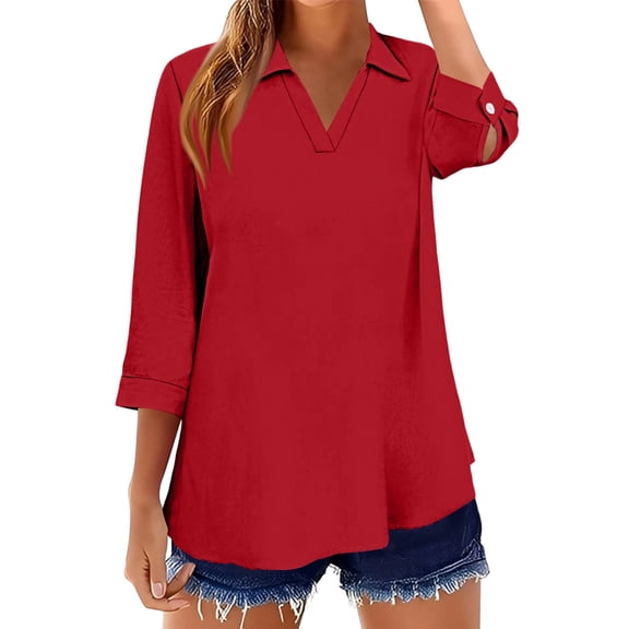 KDDYLITQ Tops for Women Cotton Linen Basic 3/4 Sleeve Shirts Collared Lapel Collar Dressy Blouse Business Trendy Polo Shirts Red 3XL