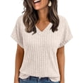 thumbnail image 1 of KDDYLITQ Tops for Women Short Sleeve Knit Lightweight Sweater Shirts V Neck Ribbed Spring Tees Casual Business Blouses Beige S, 1 of 6