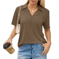 thumbnail image 1 of KDDYLITQ Tops for Women Short Sleeve V Neck Dressy Polo Shirts Collared Lapel Collar Casual Tees Business Workout Shirts Brown S, 1 of 6