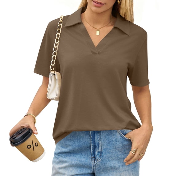 KDDYLITQ Tops for Women Short Sleeve V Neck Dressy Polo Shirts Collared Lapel Collar Casual Tees Business Workout Shirts Brown S