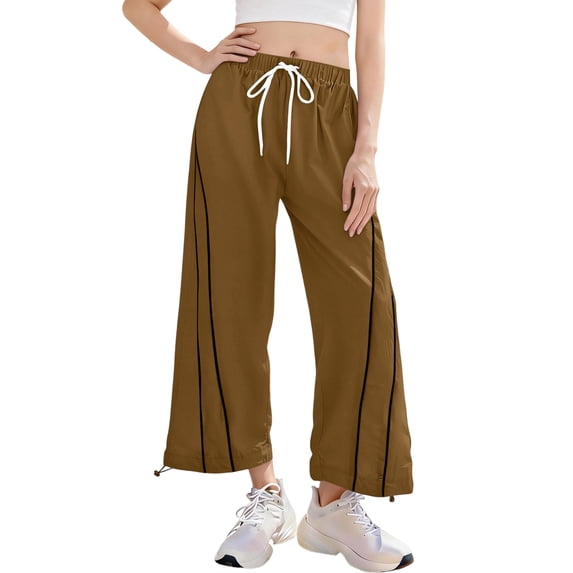 KDDYLITQ Track Pants Women Cropped Elastic Waist Wide Leg Striped Trousers Outdoor Hiking Workout Casual Joggers Pants with Pockets Coffee S