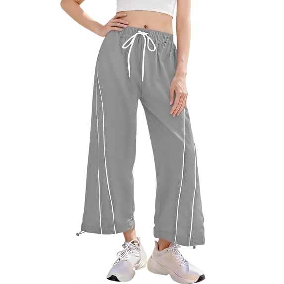 KDDYLITQ Track Pants Women Cropped Elastic Waist Wide Leg Striped Trousers Outdoor Hiking Workout Casual Joggers Pants with Pockets Gray M