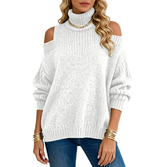 KDDYLITQ Turtleneck Pullover Women Cold Shoulder Knit Sweaters Long Lantern Sleeve Solid Color High Neck Clothes Winter Comfy Tops White M