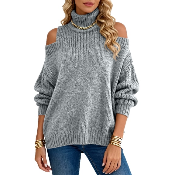 KDDYLITQ Turtleneck Pullover Women Cold Shoulder Knit Sweaters Long Lantern Sleeve Solid Color High Neck Tops Casual Fashion Clothes Gray M