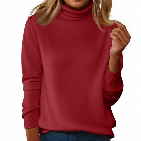 KDDYLITQ Turtleneck Pullover for Women Knitted Long Sleeve Sweater Wool Mock Neck Winter Sweatshirts Lightweight Soft Trendy Tops Vermilion 3XL