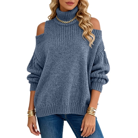 KDDYLITQ Turtleneck Sweaters for Women Long Lantern Sleeve Solid Color Pullover Cold Shoulder Knit Turtle Neck Tops Fall Warm Clothes Royal Blue M