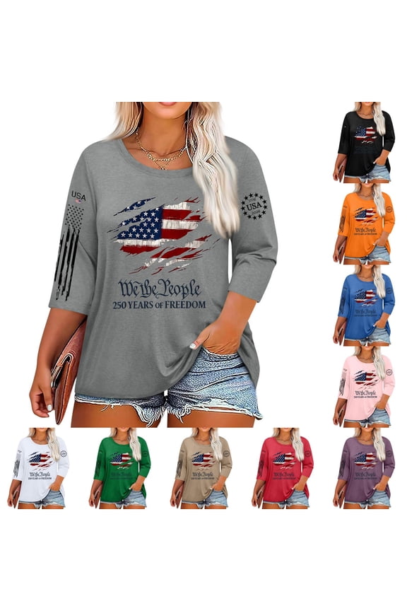 U.s. 250th Anniversary Shirts for Women Summer National Flag Print 3/4 Sleeve T-Shirts Freedom American Flag Fourth Of July Blouses 250 Years Birthday Fashion Crew Neck Tops Pink 2XL