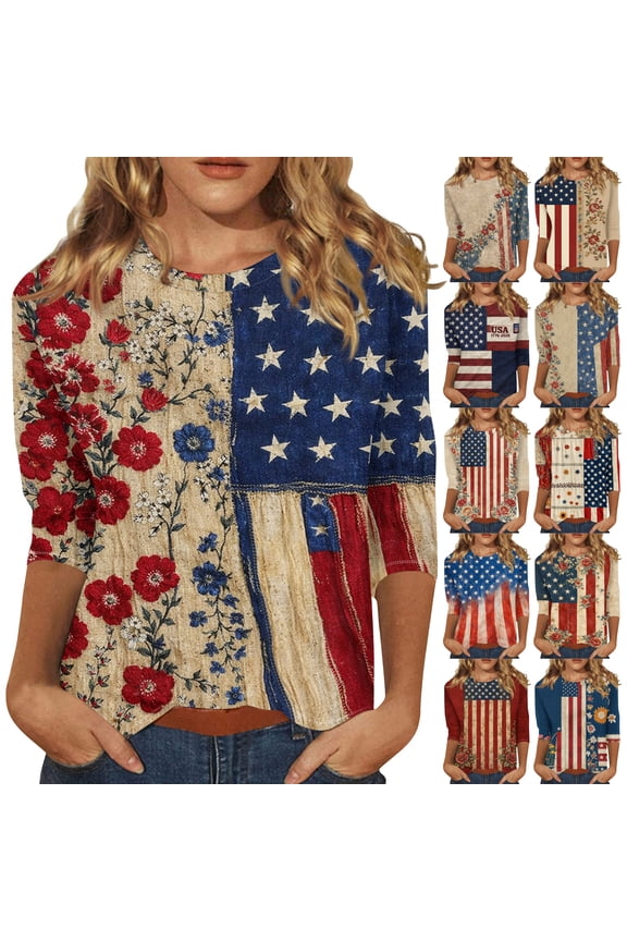 U.s. 250th Anniversary Shirts for Women Vintage Red White and Blue 3/4 Sleeve Tees Independence National Flag Print Fourth Of July Tops Usa Star Stripes Basic Crew Neck Blouses Light Blue S