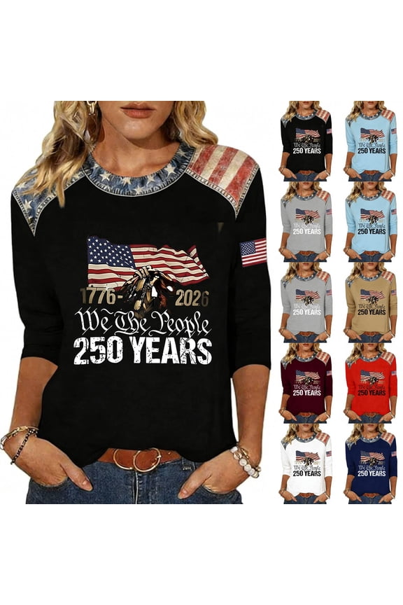 U.s. 250th Anniversary Tshirt for Women American Birthday Usa Star Stripes Crew Neck Blouses Vintage Red White and Blue July 4th Tops Usa Flag Fashion 3/4 Sleeve Tees Red S