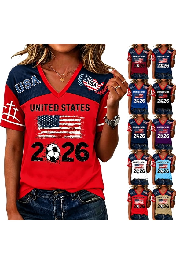 USA Soccer Jersey Women Soccer Cup 2026 Day T-Shirt for Soccer Fans Funny Football Match Graphic V Neck Short Sleeve Tops Red 2XL