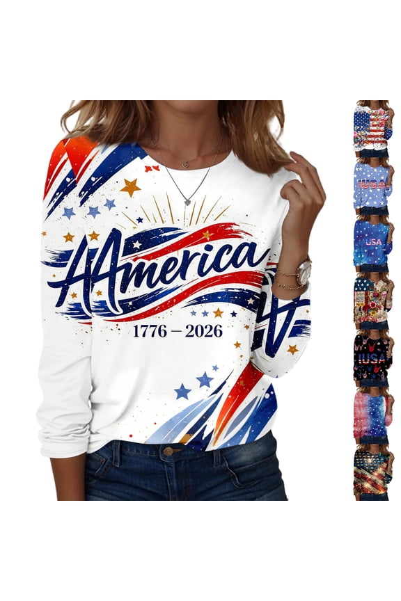 United States 250th Anniversary Tshirt for Women Birthday National Flag Print Crew Neck Tees Independence Usa Flag Freedom Blouses 250 Years Birthday Cute Long Sleeve T-Shirts Khaki XL