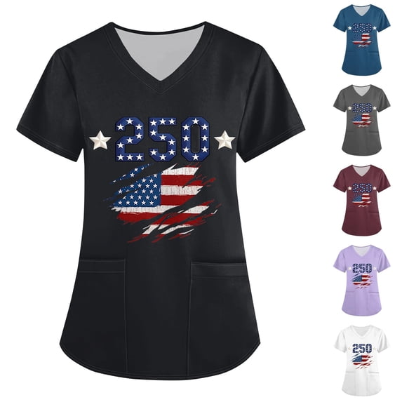 KDDYLITQ United States 250th Anniversary Tshirt for Women Birthday Usa Flag Short Sleeve Scrubs Tops Causal National Flag Print July 4th T-Shirts 250 Years Birthday Floral V Neck Tees White 4XL