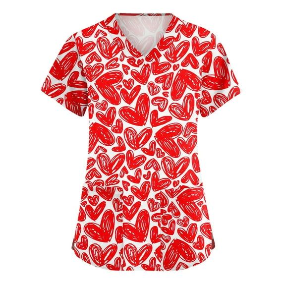 KDDYLITQ Valentine Scrubs Top Women Short Sleeve V Neck Shirts Valentine's Day Print Nurse Uniforms Casual Nursing Working Uniforms with Pockets Hot Pink L