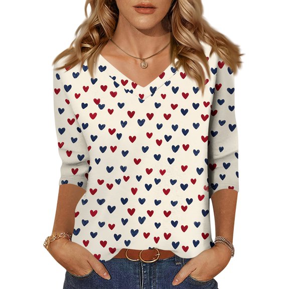 KDDYLITQ Valentine Shirts for Women 3/4 Length Sleeve V Neck Tops Valentine's Day Print Spring Tunic Tops Casual Loose T-Shirts Khaki 2XL