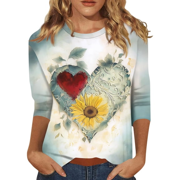 KDDYLITQ Valentine Shirts for Women Crew Neck 3/4 Sleeve Tops Floral Print Funny Tees Spring Dressy T-Shirts White XL