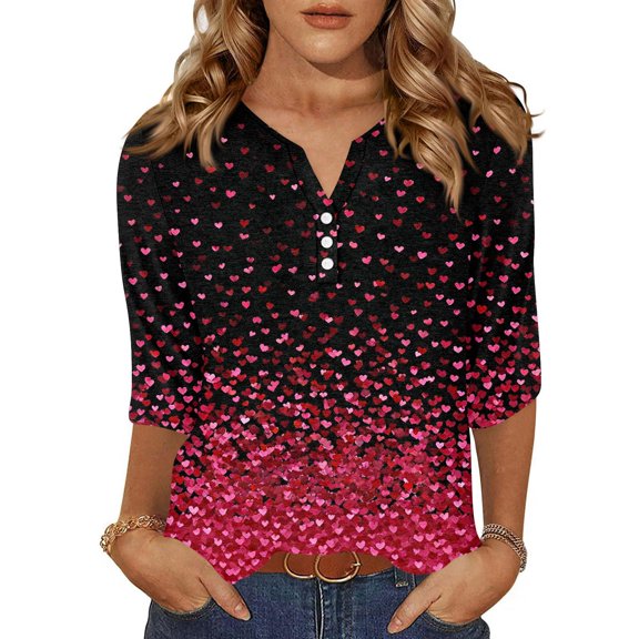KDDYLITQ Valentine Shirts for Women Henley Neck Three Quarter Sleeve Tops Love Heart Graphic Button Down Tee Tops Casual Funny T-Shirts Black L