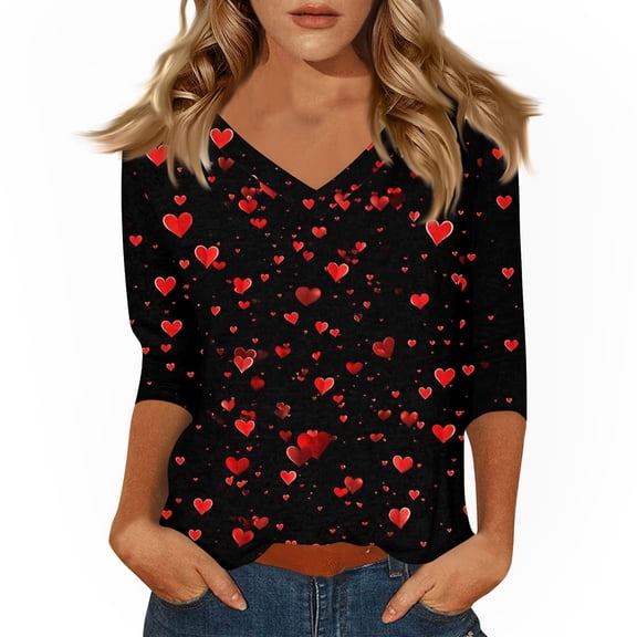 KDDYLITQ Valentine Tops for Women 3/4 Length Sleeve V Neck Shirts Love Heart Graphic Cute Blouses Funny Plus Size T-Shirts Black XL
