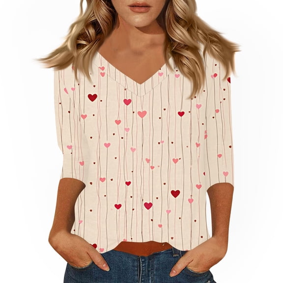 KDDYLITQ Valentine Tops for Women 3/4 Sleeve V Neck Shirts Red Pink Valentine's Print Casual Blouses Spring Gift Tunic Tops Beige 2XL