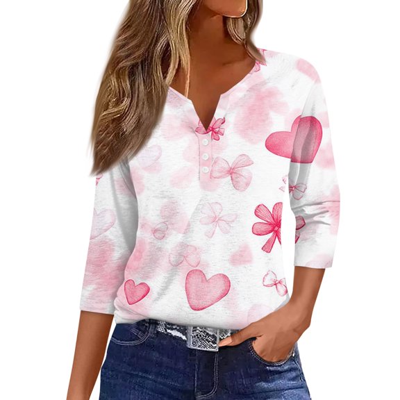 KDDYLITQ Valentine Tops for Women 3/4 Sleeve V Neck Shirts Red Pink Valentine's Print Casual Blouses T-Shirts Pink M