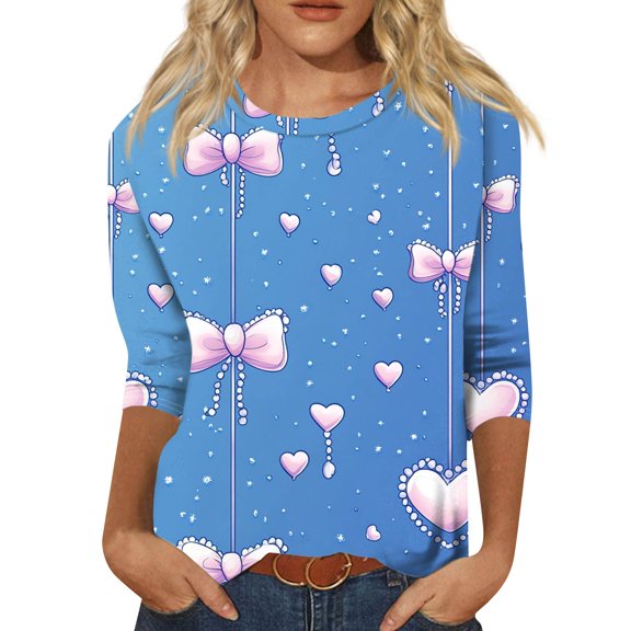 KDDYLITQ Valentine Tops for Women Crew Neck 3/4 Length Sleeve Shirts Floral Print Casual T-Shirts Spring Fashion Blouses Blue 2XL