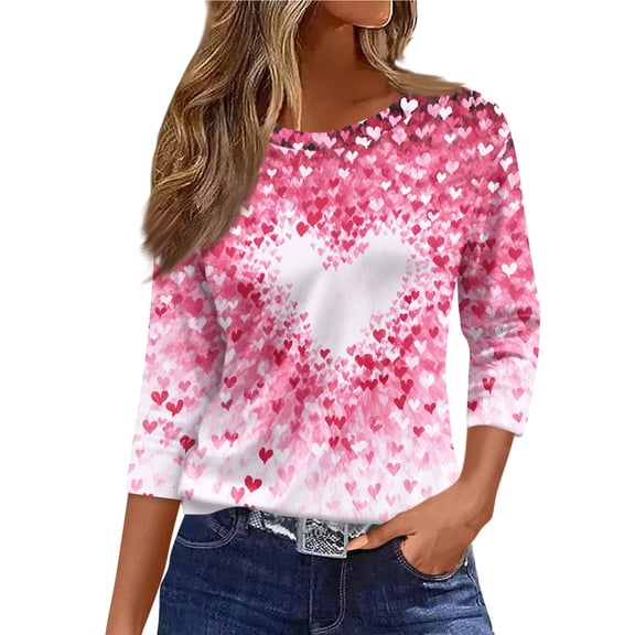 KDDYLITQ Valentine Tops for Women Crew Neck 3/4 Length Sleeve Shirts Valentine's Day Print Casual Tees 2026 Plus Size T-Shirts Dark Gray 3XL