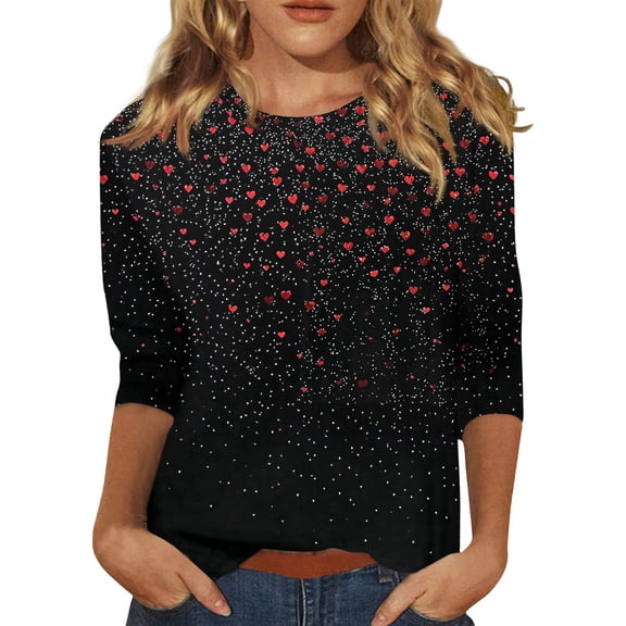KDDYLITQ Valentine Tops for Women Crew Neck 3/4 Sleeve Shirts Floral Print Spring Tees Cute Boho T-Shirts Black 3XL