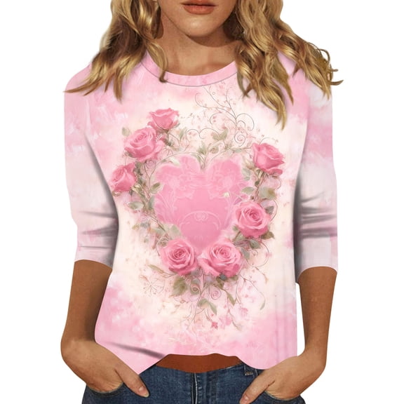 KDDYLITQ Valentine Tops for Women Crew Neck 3/4 Sleeve Shirts Red Pink Valentine's Graphic Casual T-Shirts Summer Boho Tees Pink M