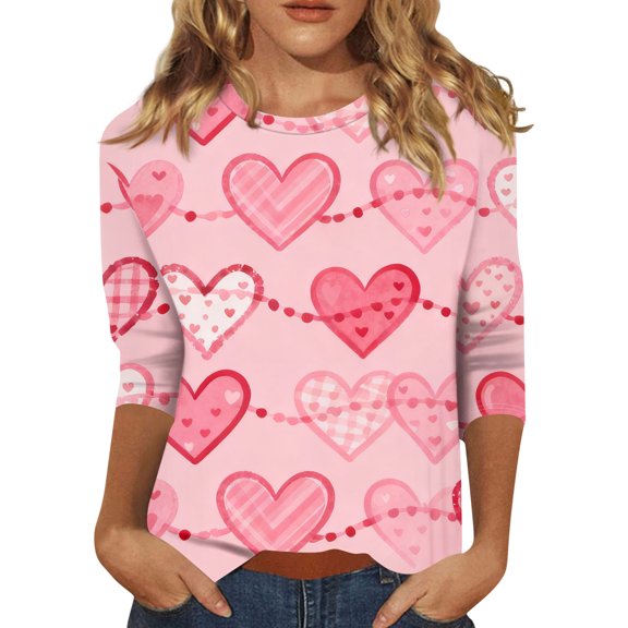 KDDYLITQ Valentine Tops for Women Crew Neck 3/4 Sleeve Shirts Valentine's Day Print Funny Tees Spring Fashion T-Shirts Pink S