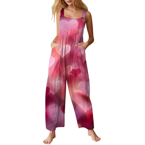 KDDYLITQ Valentines Jumpsuit for Women Plus Size Button Strap Overalls Heart Print Sleeveless Wide Leg Romper Dressy Comfy Holiday Pants with Pocket Watermelon Red S